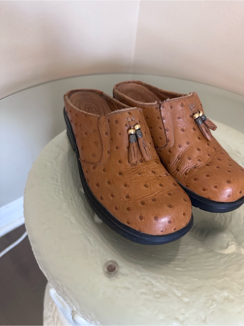 Ariat Brown Faux Ostrich Leather Slip On Clog Shoes Tassel 7B